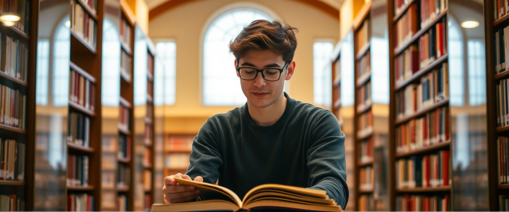 Joven estudiando en la biblioteca